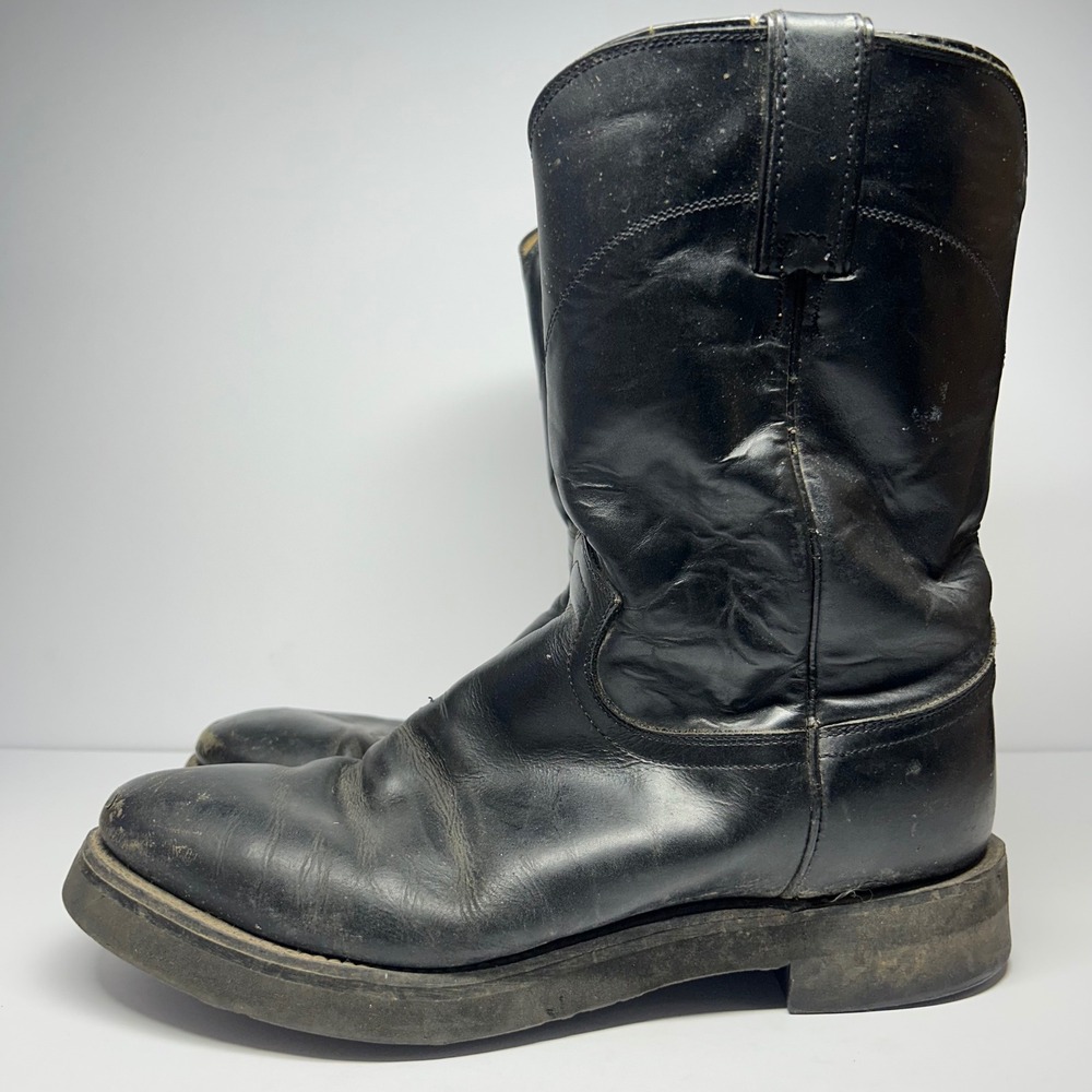 Justin Roper Boots Black Leather Mens 9.5 EE Western Work Vibram 3133